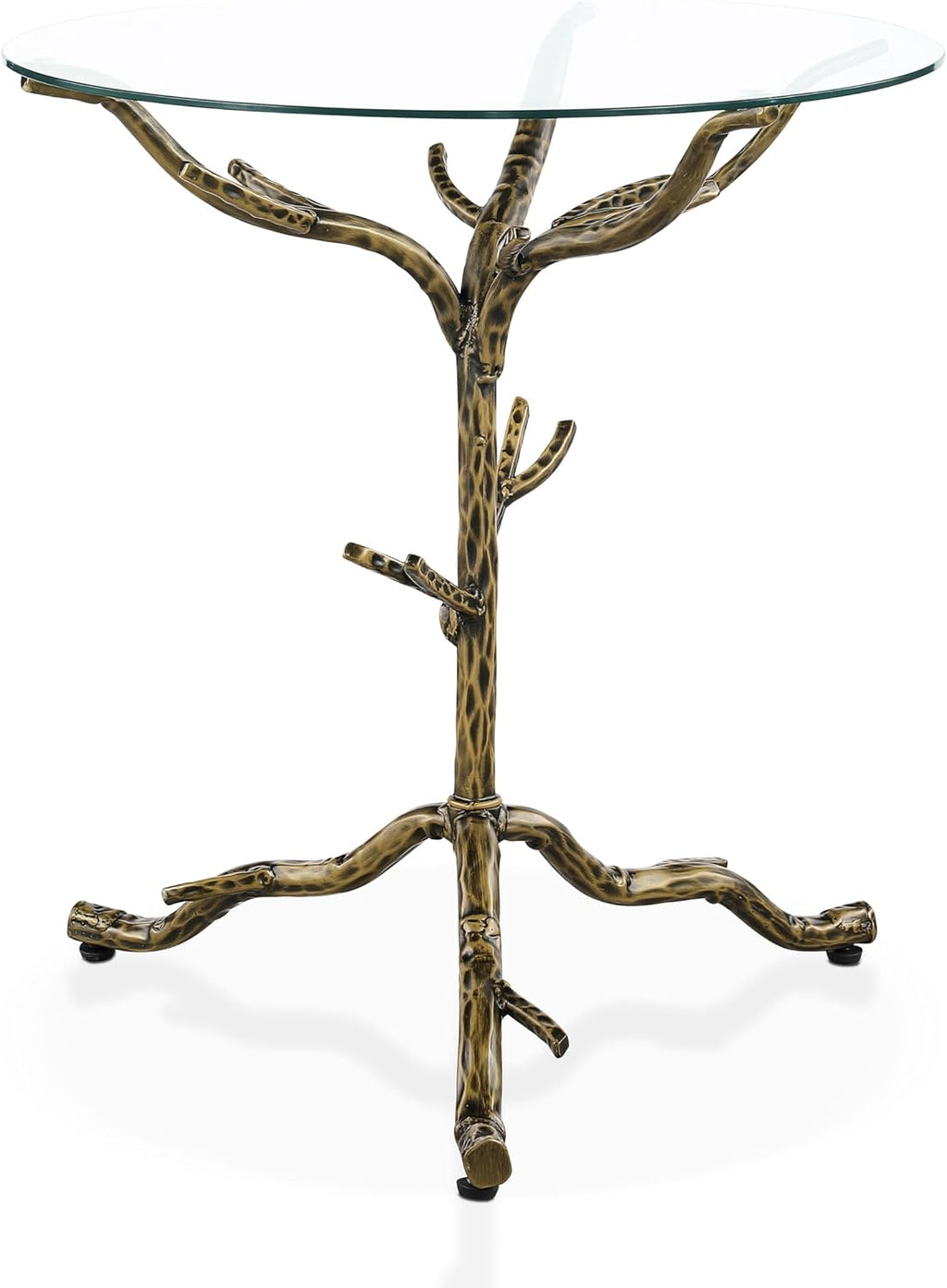 24/7 Shop at Home Lalia Modern Round End Table with Nature-Inspired Branch Base, Tempered Glass Top, Hammered Steel Frame for Living Room, Matte Gold