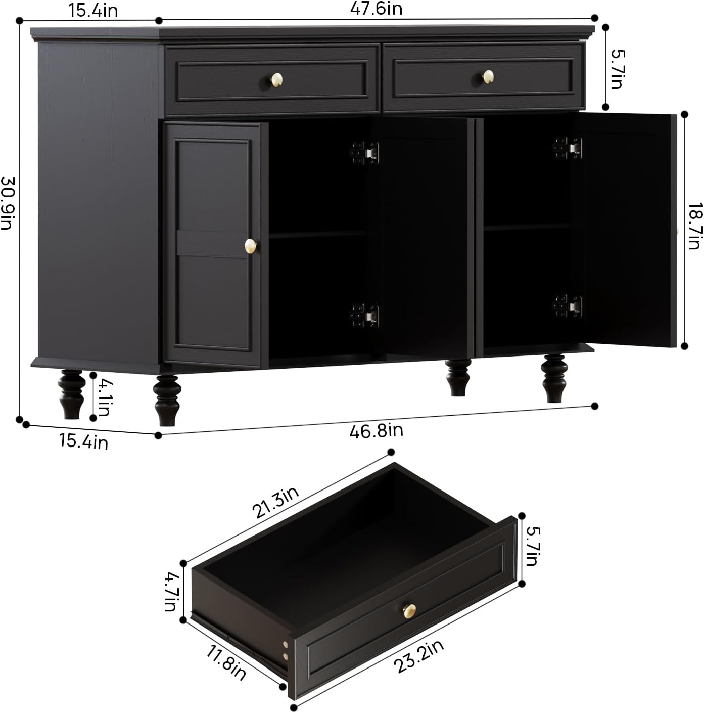 PROXRACER 48" Farmhouse Sideboard Buffet Cabinet with 2 Drawers & 4 Doors, Large Storage Spaces with Adjustable Shelves, Rustic Kitchen Dining Room Cabinet, Black