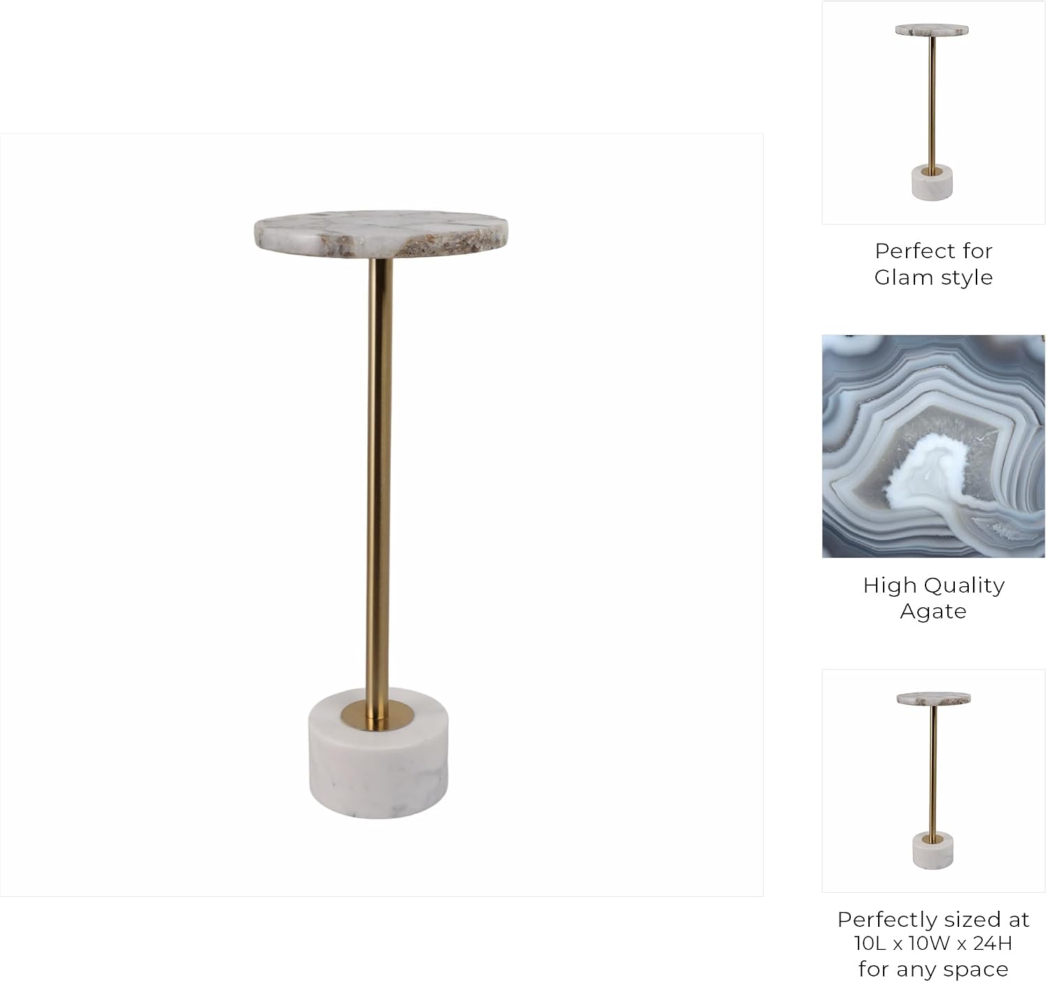 Home Decor End Table, Side Table, or Night Stand - Tall Marble Accent Table with Metal Support Perfect for Small Spaces - A Modern Classic for Office, Bedroom, or Living Room Decor - 24" White & Gold