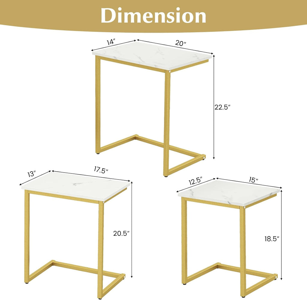 Giantex Nesting Coffee Table Set of 3, Stackable Square End Table w/Faux Marble Tabletop & Heavy-Duty Metal Frame, Farmhouse C-Shaped Accent Table for Small Space, Living Room, Bedroom (White Gold)