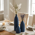 Blue Vase Set of 3, Navy Blue vase Trio Ceramic Bud Vases, Watertight Blue Ceramic vase Set with Non Slip Pads, Small Medium Tall Vases for Shelf Decor, Centerpieces