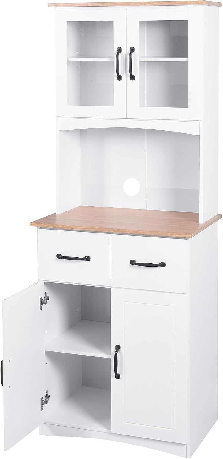 67'' H Kitchen Pantry Cabinet, Modern White Tall Storage Cabinet with Glass Doors and Drawers, Kitchen Storage Microwave Cabinet for Dining Room