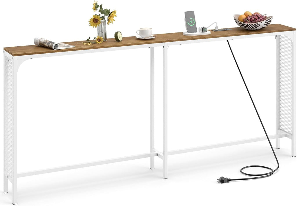 Giantex 71" Narrow Console Table with 2 Power Outlets and USB-C Ports, Sofa Tables with Charging Station & Metal Frame, Skinny Behind Couch Tables, Long Entryway Tables for Living Room, Natural+White