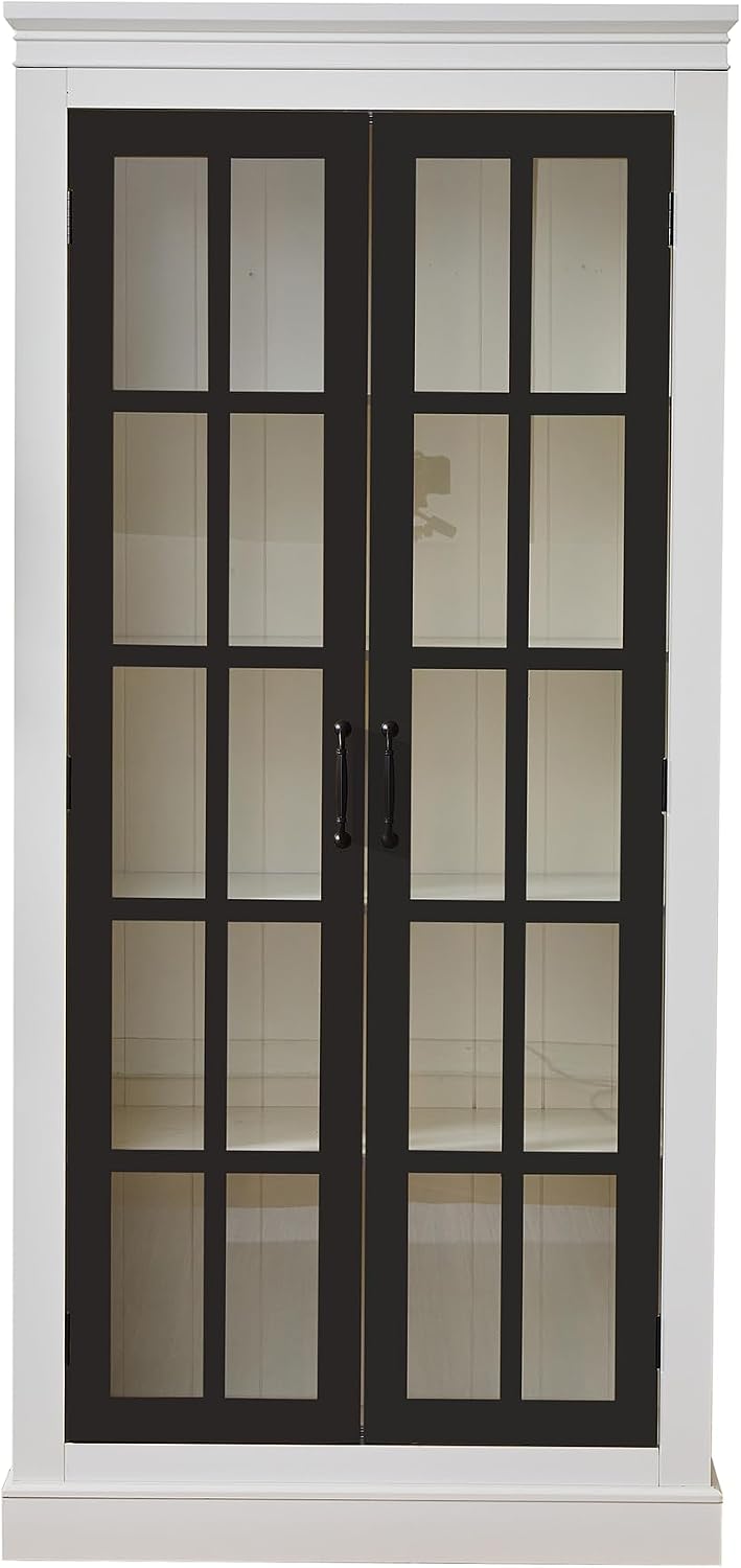 roomfitters 71.2'' Pantry Cabinet with Glass Door, Farmhouse Display Cabinet with Storage for Kitchen and Hallways, Black & Cream White