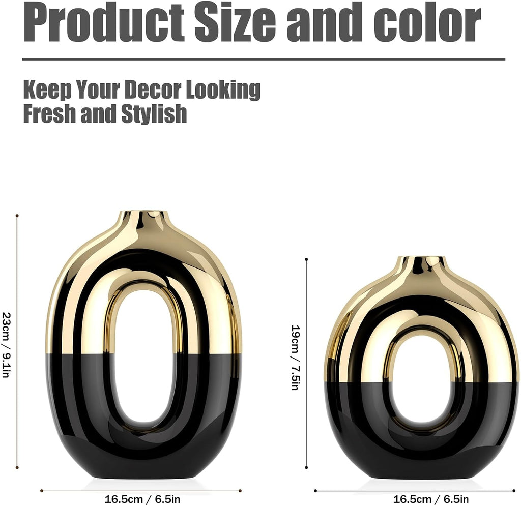 Black and Gold Ceramic Vase Set Home Decor,Round Donut Vase for Pampas Grass for Shelf Decor Home,Nordic Modern Oval for Bookshelf,FireplaceMantle,Centerpieces,Farmhouse,Rustic Décor