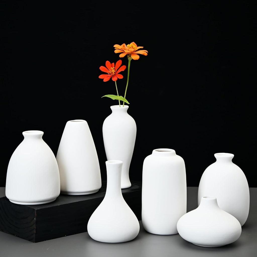 Set of 9 Ceramic Bud Vases for Pampas Grass Flowers, Small Vases in Bulk for Centerpieces Boho Vases for Wedding Decorations Neutral Living Room and Bedroom Decor DIY Gift (White)