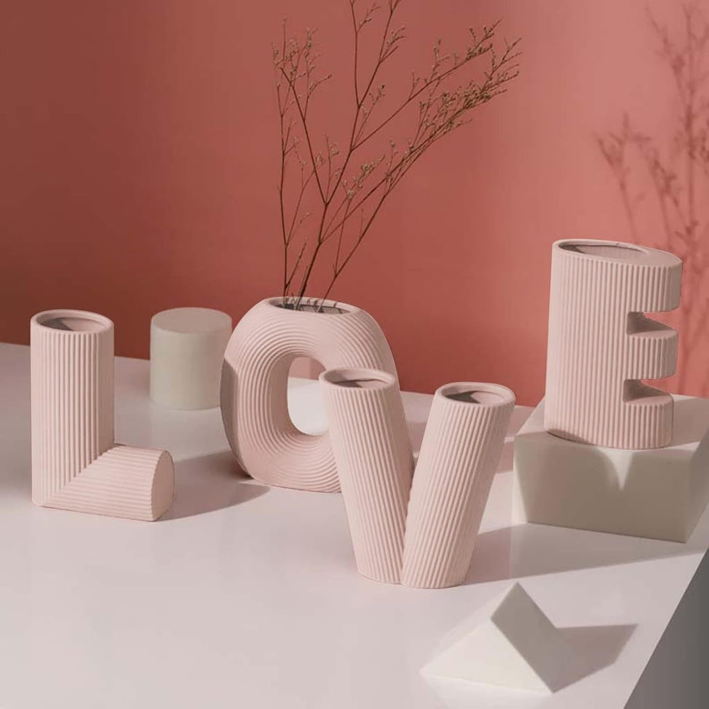 4-Piece Pink Ceramic Modern Minimalist Decorative Love Letter Vases Set, Wedding Party Home Decor