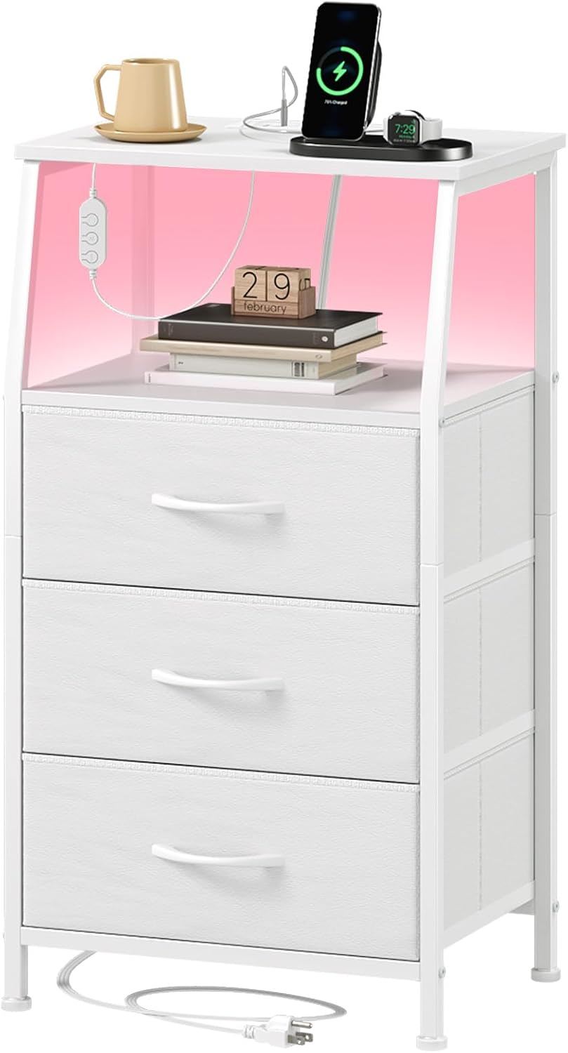Somdot Nightstand with Charging Station, Smart LED Light, 3 Fabric Drawers | Tall Storage Organizer, Bedside Table, Bedroom, Kids Room, Dorm, Closet, Laundry, Entryway, White