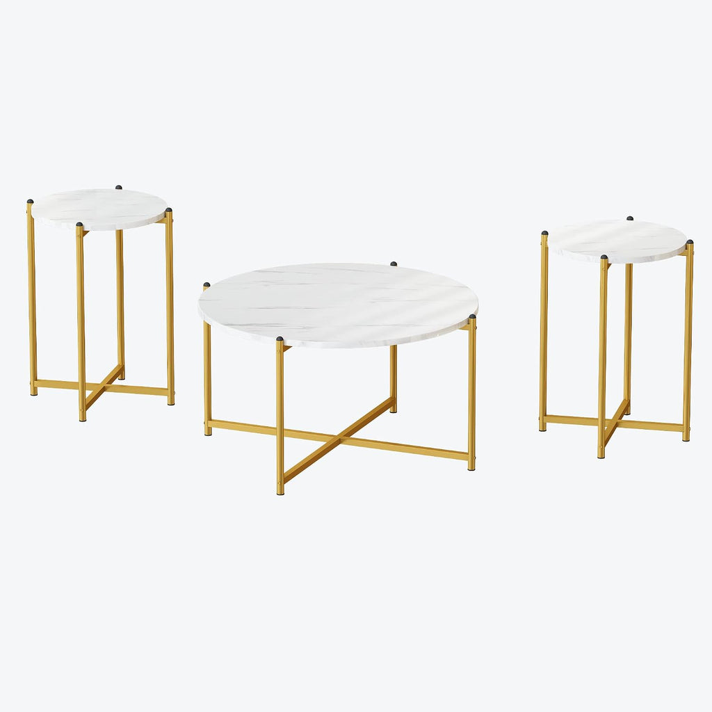 Lamerge Coffee Table Set of 3,Modern Faux Marble Top with Golden Frame,1 Coffee Table & 2 Accent Table, Living Room Table Set, for Apartment,Office and So on,White & Gold (LCTR-W)