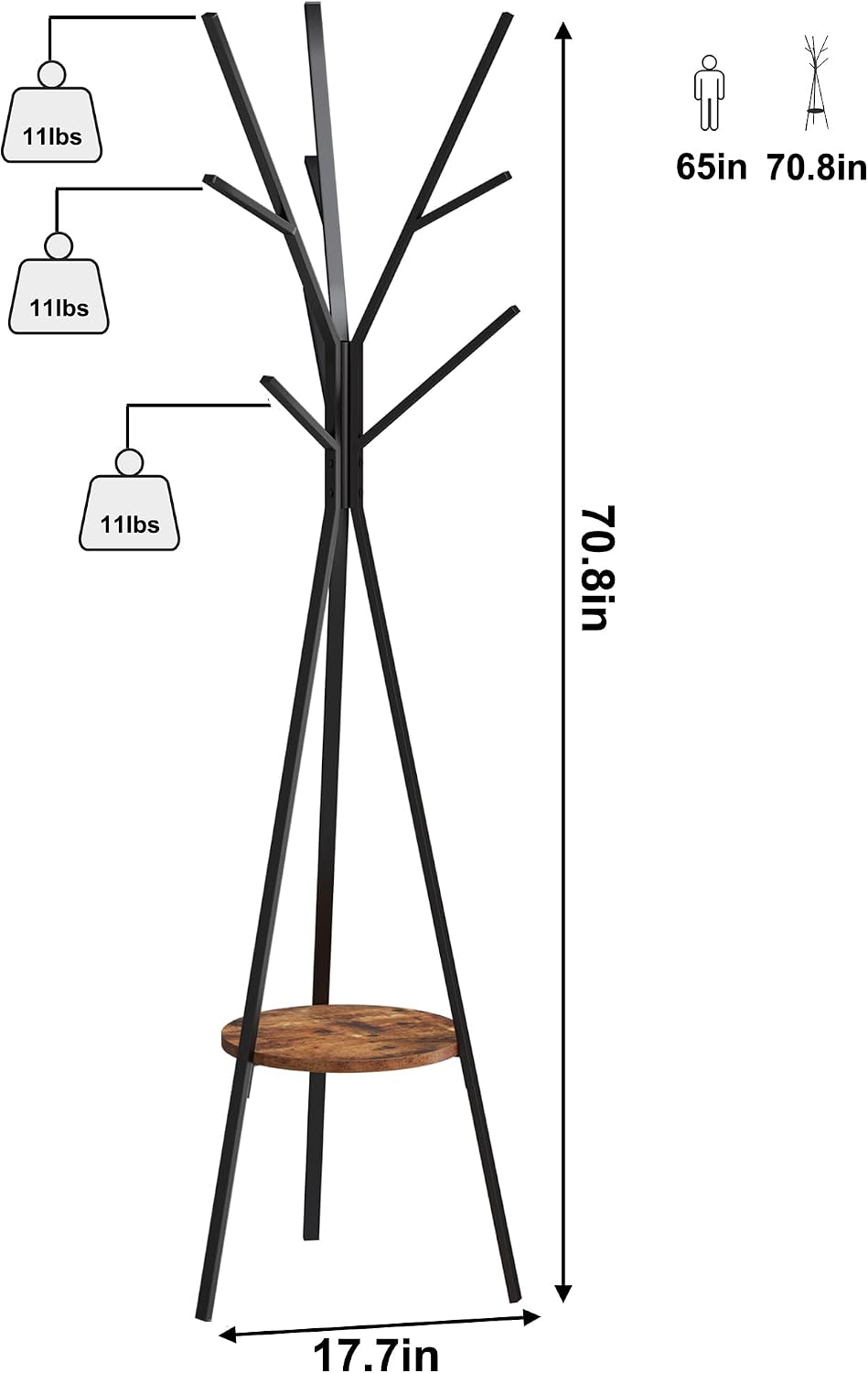 HOME BI Coat Rack, Coat Hanger Stand with Shelves, Freestanding Hall Tree, Metal Hat Hanger with 9 Hooks for Clothes Hats and Scarves, Black and Rustic Brown(Black+Rustic Brown)