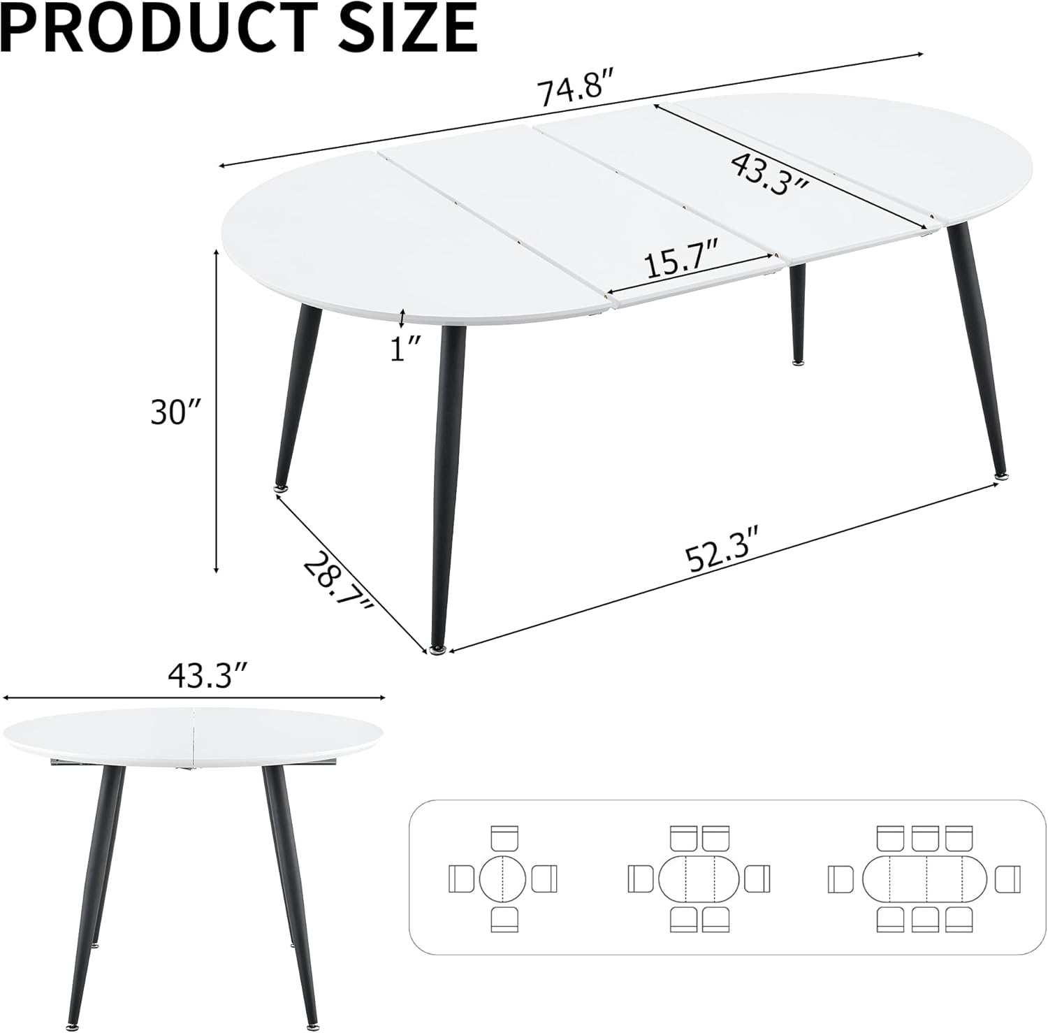 Extendable Round Dining Table for 4 6, Solid Wood for Dining Room Kitchen Office, 43"- 74" Modern Oval Kitchen Table, Removable Leaves Space Saving Expandable Dinner Table White