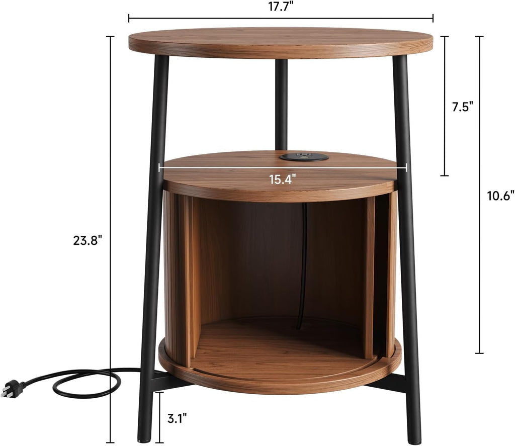 Round Side Table with Storage, Nightstand with Charging Station, Mid Century Modern Fluted Bedside Table with Sliding Door, Small Wood End Table for Living Room Small Space Bedroom, Walnut
