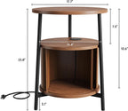 Round Side Table with Storage, Nightstand with Charging Station, Mid Century Modern Fluted Bedside Table with Sliding Door, Small Wood End Table for Living Room Small Space Bedroom, Walnut
