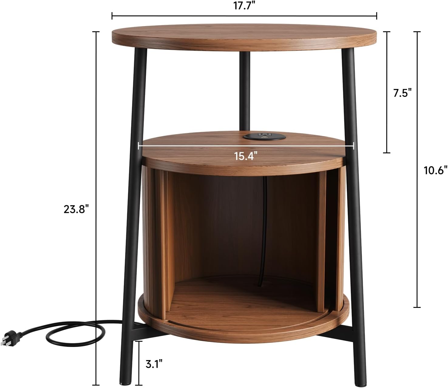 Round Side Table with Storage, Nightstand with Charging Station, Mid Century Modern Fluted Bedside Table with Sliding Door, Small Wood End Table for Living Room Small Space Bedroom, Walnut
