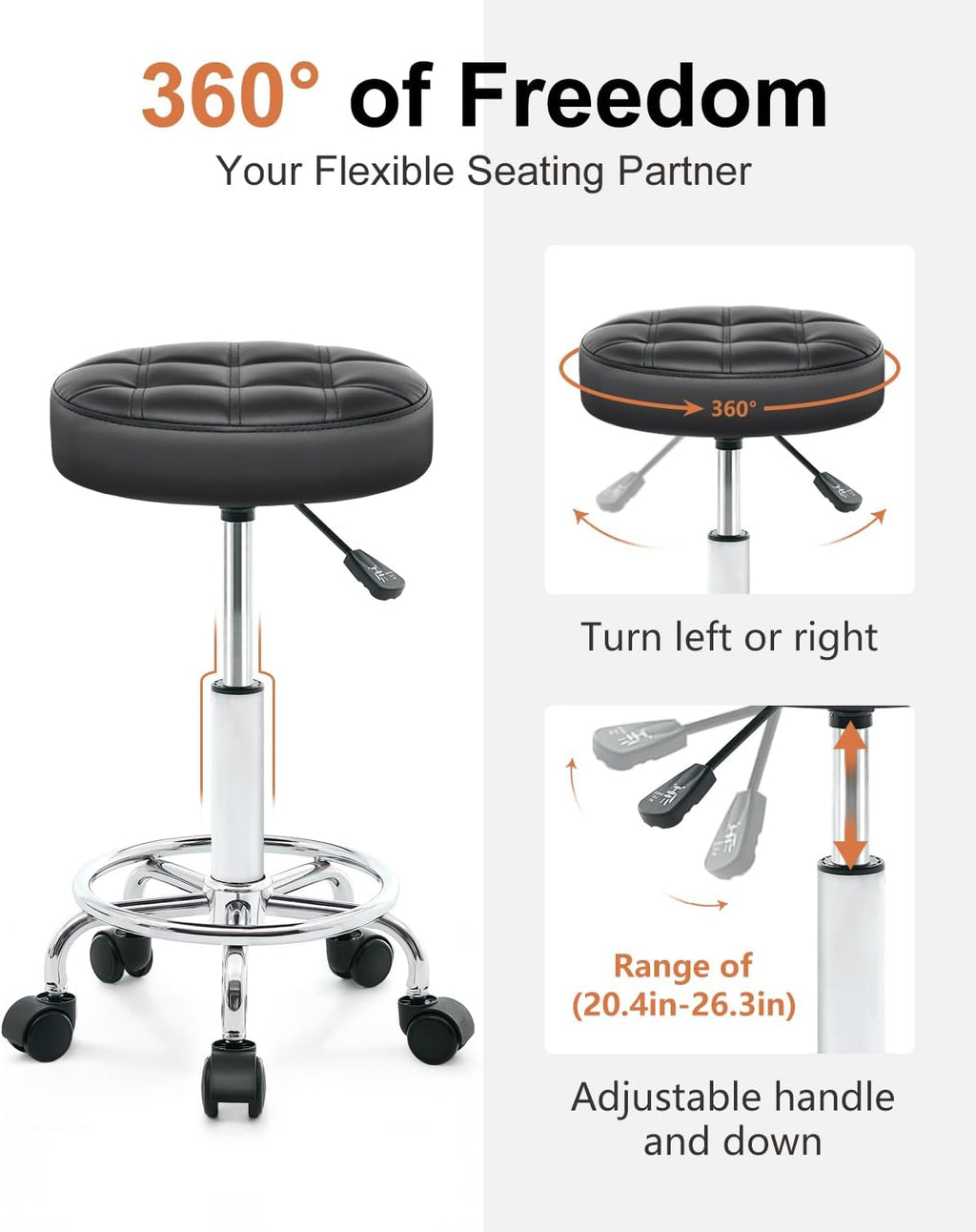 Rolling Stool with Wheels - Swivel Small Office Chair with Footrest, PU Leather Shop Stool for Office Spa Studio Lab Counter Salon Home Work Bar Kitchen Shop Teach Medical Facial, Black