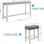 LKTART Bar Table and Chairs Set, 4 Piece Counter Height Bar Table Set with Power Outlet and 3 Upholstered Stools, Industrial Breakfast Table for Living Room, White & Grey