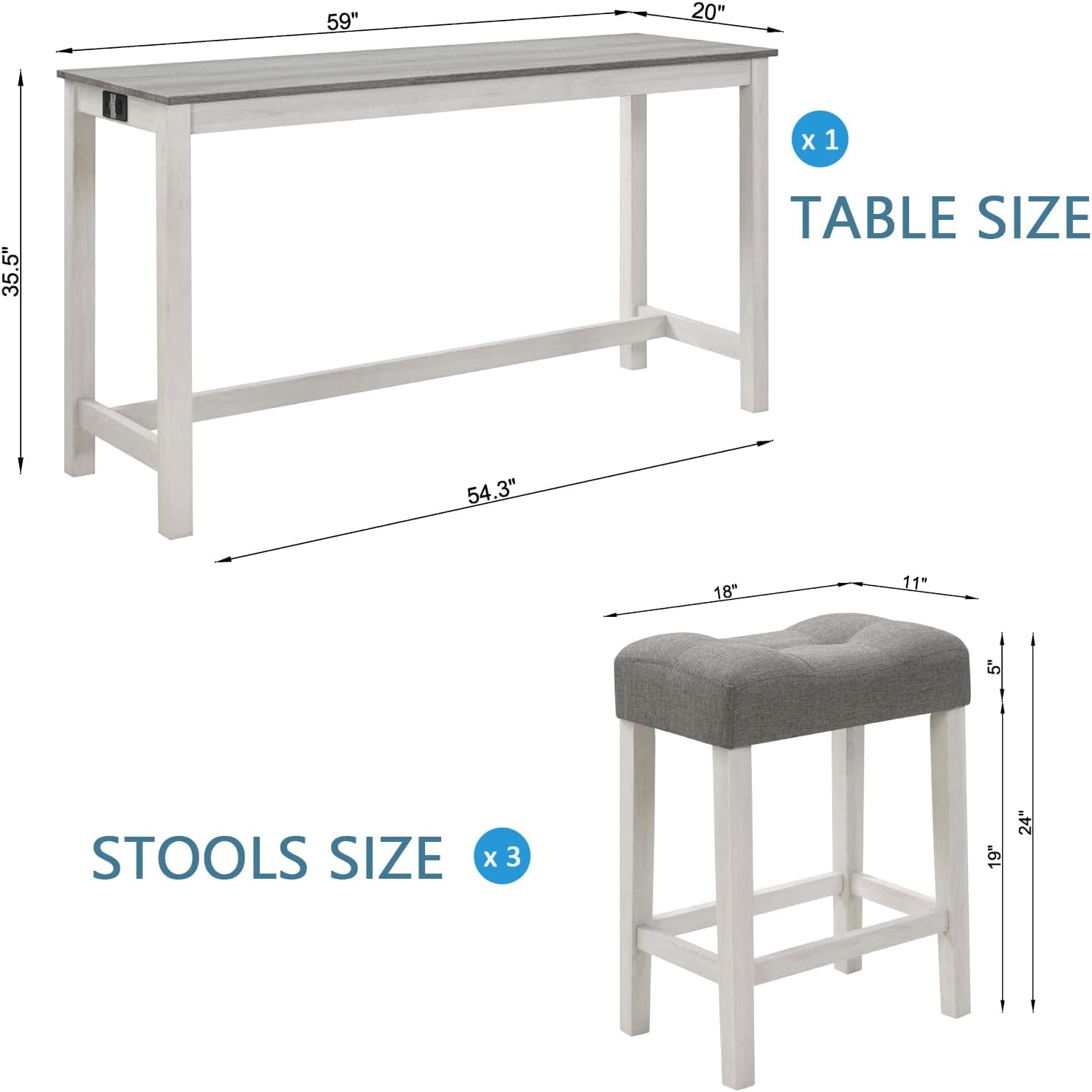 LKTART Bar Table and Chairs Set, 4 Piece Counter Height Bar Table Set with Power Outlet and 3 Upholstered Stools, Industrial Breakfast Table for Living Room, White & Grey