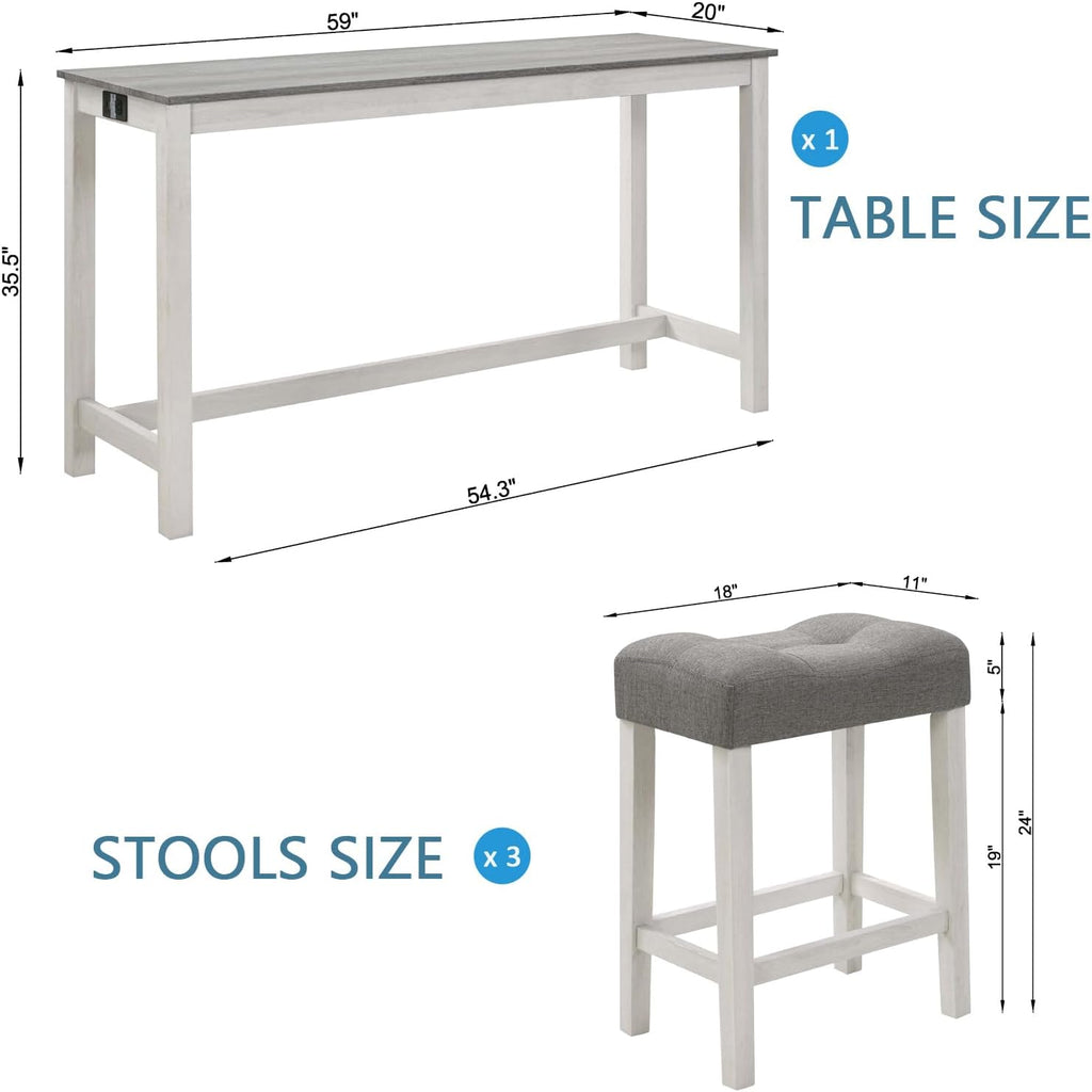 KEIKI 4-Piece Bar Table Set with Charging Ports, 59" Industrial Kitchen Table with 3 Upholstered Stools, Durable Wood Frame for Living or Dining Room, Gray & White
