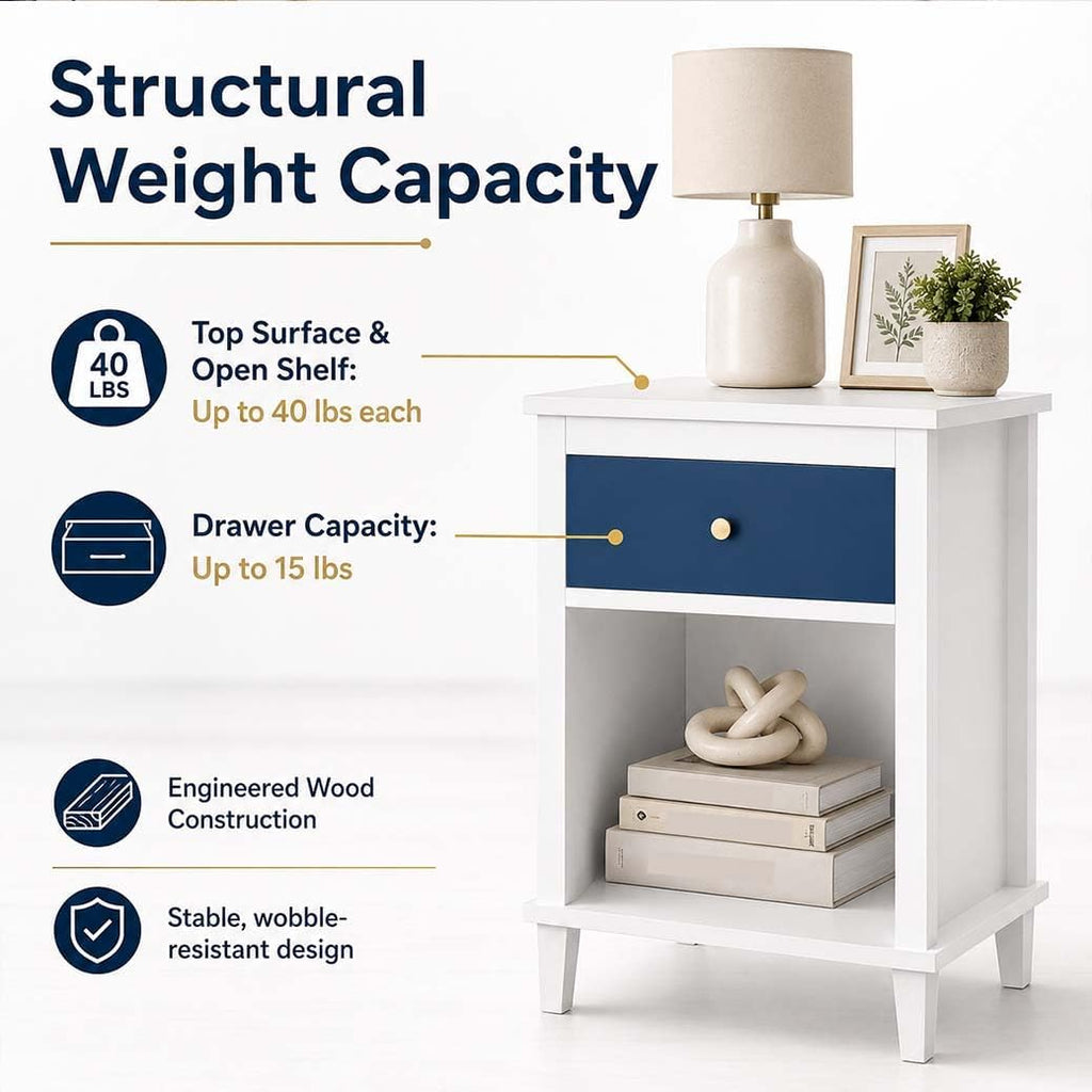 Kids Nightstand with One Drawer, Modern Wood Bedside Table with Open Storage Shelf, Night Stand End Table for Boys Girls Bedroom (Navy, White)