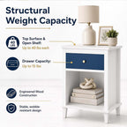 Kids Nightstand with One Drawer, Modern Wood Bedside Table with Open Storage Shelf, Night Stand End Table for Boys Girls Bedroom (Navy, White)