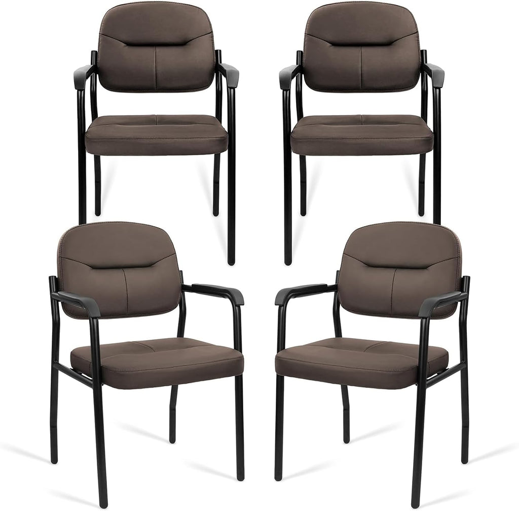CLATINA Leathert Reception Chair No Wheels, Office Guest Chair with Padded Armrests and Lumber Support, Ergonomic Arm Chair for Meeting Waiting Conference Lobby Room Shool Study, Brown, 4PK