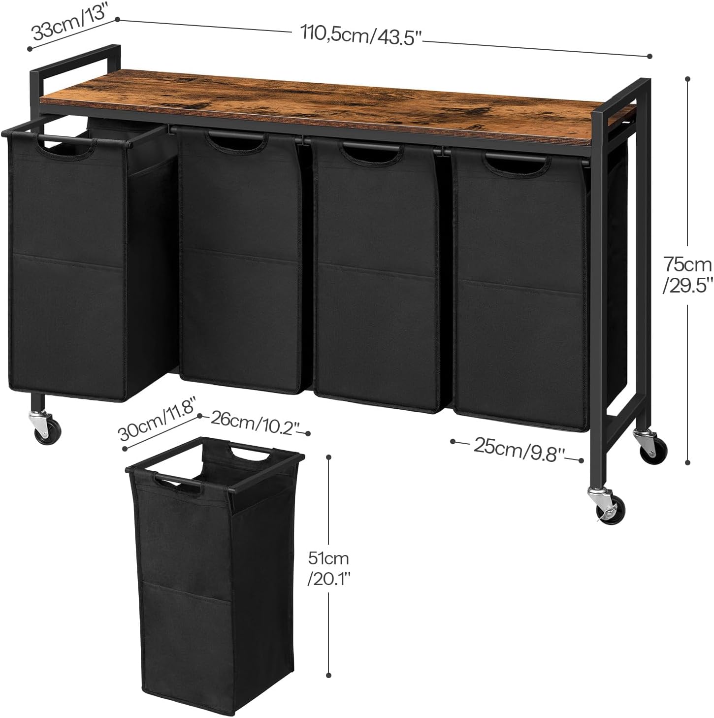 HOOBRO Laundry Sorter 4 Sections, Laundry Hamper with Wheels, 4 × 10.5 Gal (40 L), Rolling Laundry Basket, Pull-Out and Removable Oxford Fabric Bags, Rustic Brown and Black BF04XY01