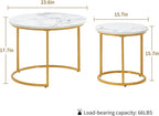 Round Nesting Coffee Table Set of 2, Modern Marble Pattern Wooden Nesting Tables, Stacking Minimalist End Table for Living Room Bedroom Small Space, (Glod Leg+White top)