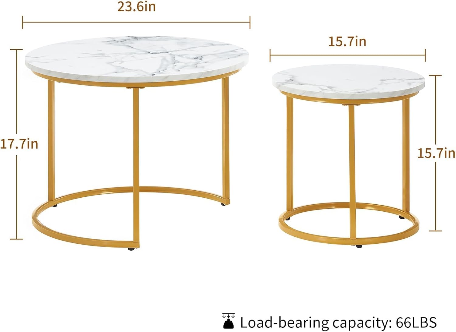 Round Nesting Coffee Table Set of 2, Modern Marble Pattern Wooden Nesting Tables, Stacking Minimalist End Table for Living Room Bedroom Small Space, (Glod Leg+White top)