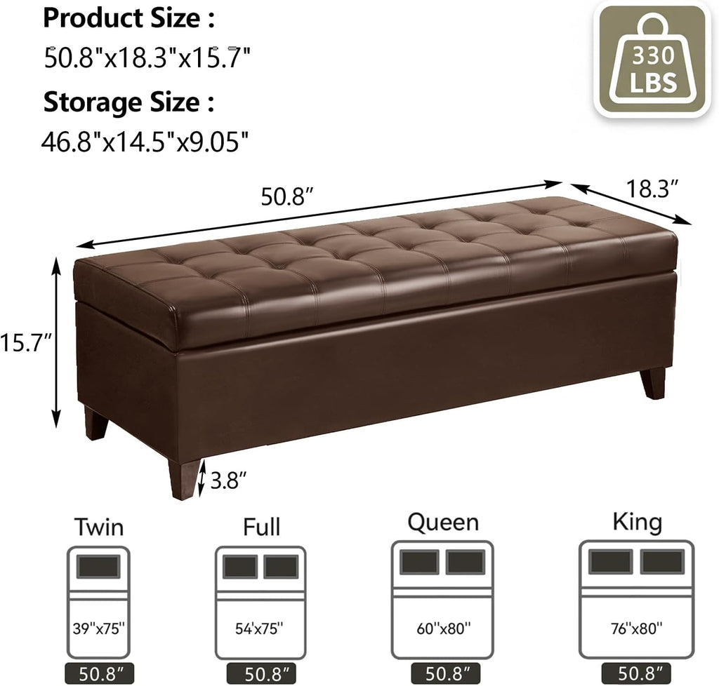 Joveco Storage Ottoman Bench, 51 Inch Leather Tufted Bench for End of Bed, Bedroom, Living Room, Brown