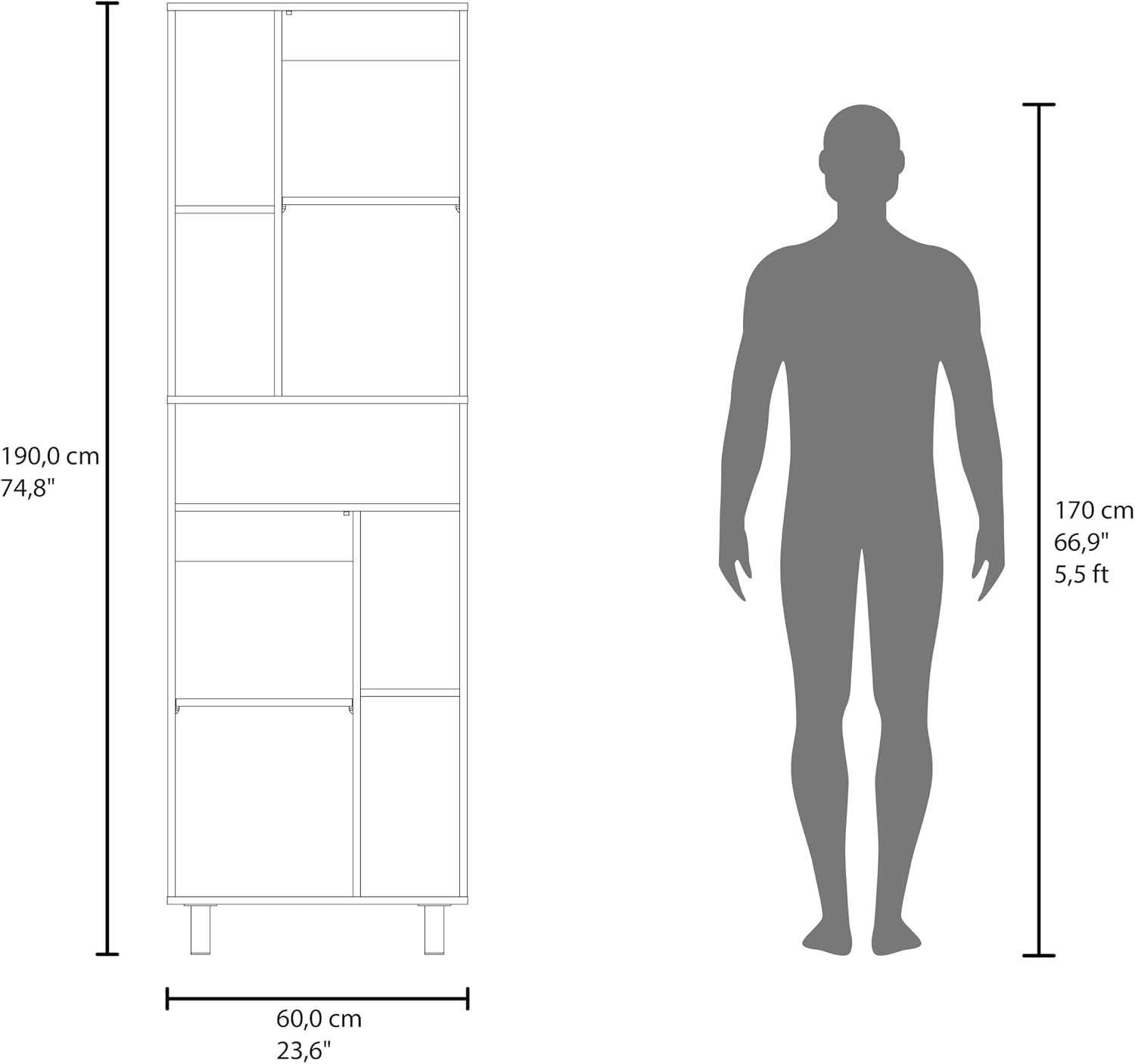 23.6" D*16.2" W*74.8" H Freestanding Kitchen Pantry with 4 Shelves, 2 Single Doors, Rectangular Wood Storage Cabinet, Modern Minimalist, for Living Room, Dining Room, White