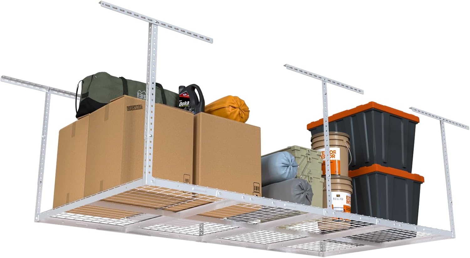 4ftx8ft Overhead Garage Storage Rack, Heavy-Duty Metal Garage Ceiling Storage Rack, 22''-40" Adjustable Ceiling Drop-Down, 750 lb. Loading Weight Capacity, White