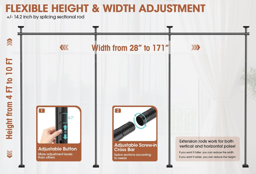 SUNALLY Room Divider Curtain Rod, No Drilling Wall Divider for Room Separation, 4-10ft(H) 28-171inch(W) Adjustable Heavy Duty Partition Space Separator Freestanding Tension Curtain Stand, Black