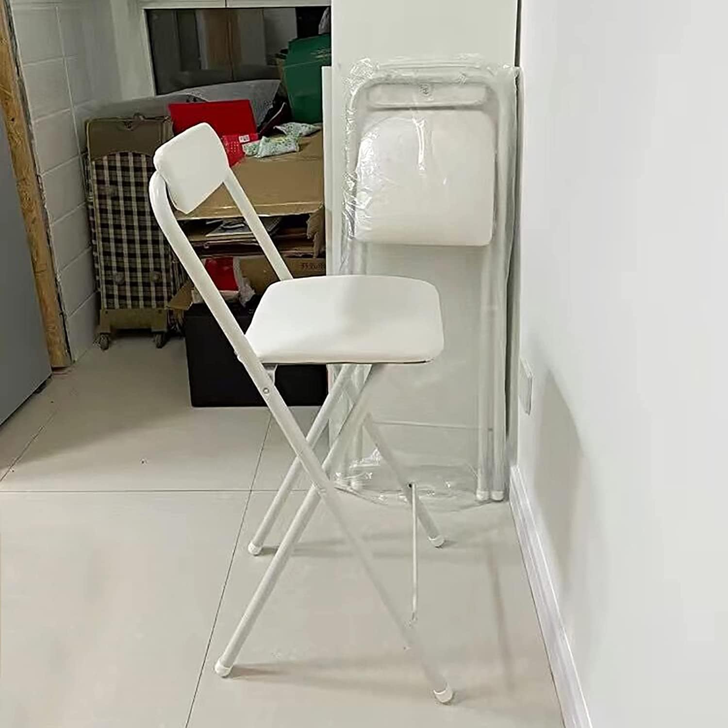Home Folding Bar Stool with Backrest,Leather Padded Counter Height Foldable Stool,Portable Folding Stool Tall Bar Stools for Outdoor Kitchen Shop Cafe,1 PC ( Color : White , Size : Seat Height 25.5inc