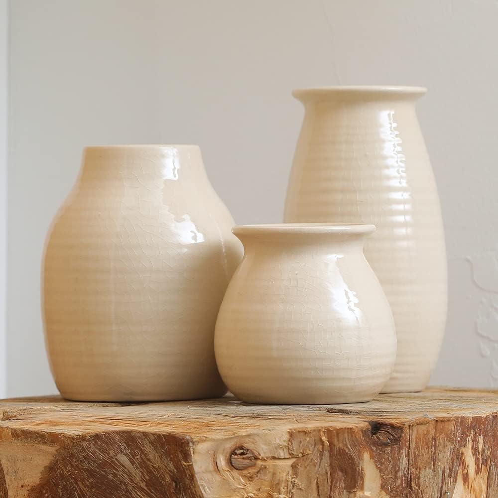 White Vases for Rustic Home Decor - Modern Farmhouse Ceramic Vase Set for Fireplace, Flowers, Living Room - Farmhouse Decorations for The Home, Set of 3