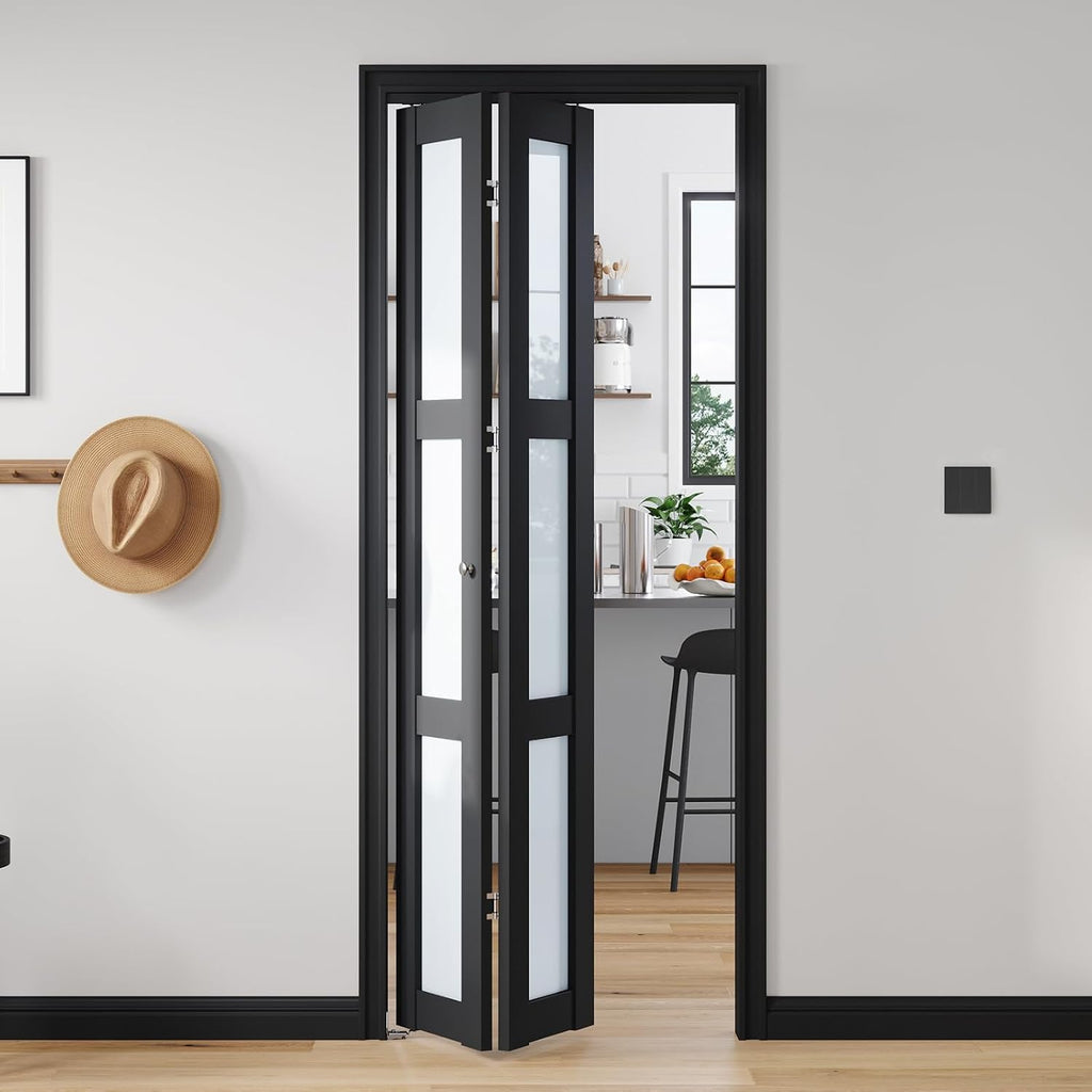 Bifold Doors for 30"×80-3/4" Opening, 3-Lite Tempered Frosted Glass Closet Folding Barn Door Slab with Concealed Hardware Kit Included, MDF Wood Panel, Easy Assembly, Black