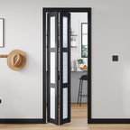 Bifold Doors for 30"×80-3/4" Opening, 3-Lite Tempered Frosted Glass Closet Folding Barn Door Slab with Concealed Hardware Kit Included, MDF Wood Panel, Easy Assembly, Black