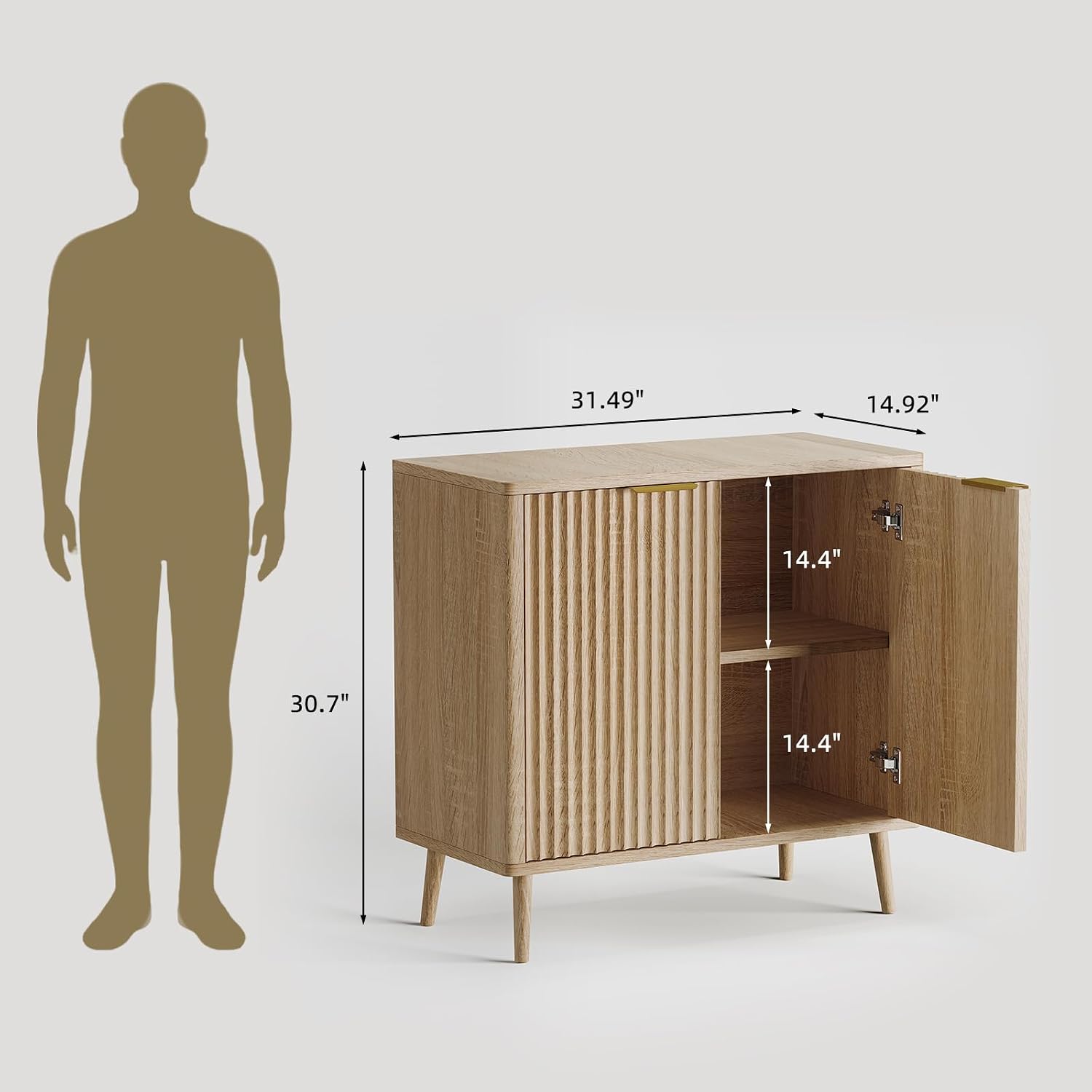 Modern Fluted Sideboard Buffet Cabinet with Storage, 31.5" Slim Wood Accent Credenza Console with Doors and Adjustable Shelves, Mid Century Narrow Storage Cabinet for Living Room, Hallway Kitchen Oak