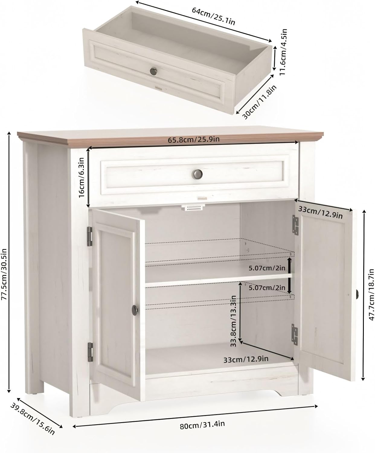 Buffet Cabinet with Storage and Drawer，Sideboard Coffee Bar with Adjustable Shelves and Doors, White Accent Cabinet Credenza Console Organizer Modern Coffee Bar for Kitchen Dining Room Living Room