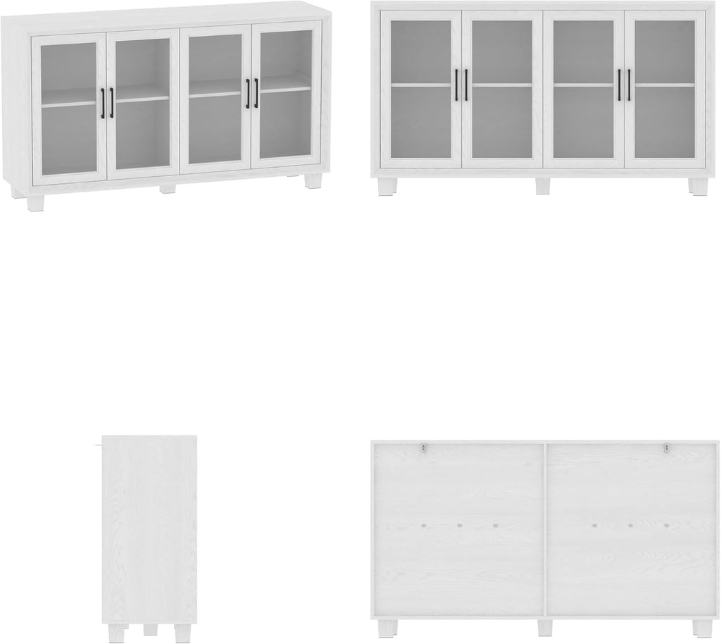 AIEGLE Sideboard Buffet Cabinet with Storage, Kitchen Sideboard with Glass Doors, 60.4" Coffee Bar with Rubber Wood Legs & Shelves, Storage Cabinet for Living Room, White