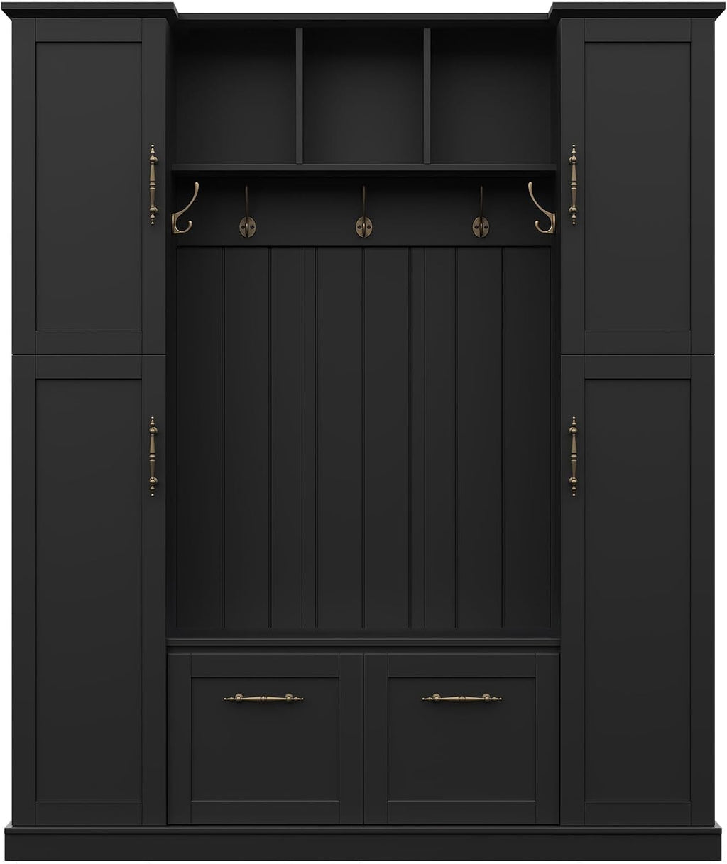 JIVOIT Farmhouse Hall Tree with 4 Side Cabinets, Adjustable Shelves & Open Cubbies, All-in-One Mudroom Furniture, Beadboard Entryway Bench with Coat Rack & 5 Hooks for Hallway (Black,152)