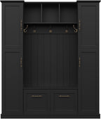 JIVOIT Farmhouse Hall Tree with 4 Side Cabinets, Adjustable Shelves & Open Cubbies, All-in-One Mudroom Furniture, Beadboard Entryway Bench with Coat Rack & 5 Hooks for Hallway (Black,152)