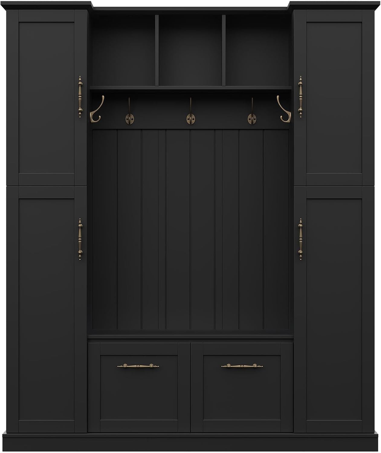 JIVOIT Farmhouse Hall Tree with 4 Side Cabinets, Adjustable Shelves & Open Cubbies, All-in-One Mudroom Furniture, Beadboard Entryway Bench with Coat Rack & 5 Hooks for Hallway (Black,152)