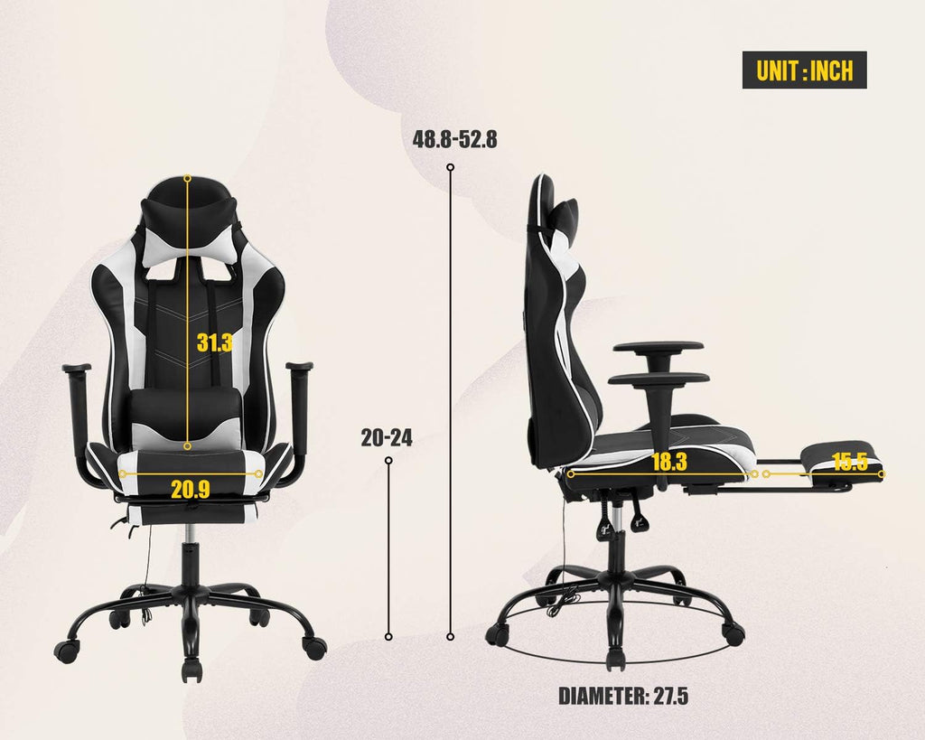 Computer Gaming Chair PC Ergonomic Office Chair Home Executive Desk Chair Adjustable High-Back PU Leather Racing Rolling Swivel Task Lumbar Support Footrest Headrest Armrest Massager