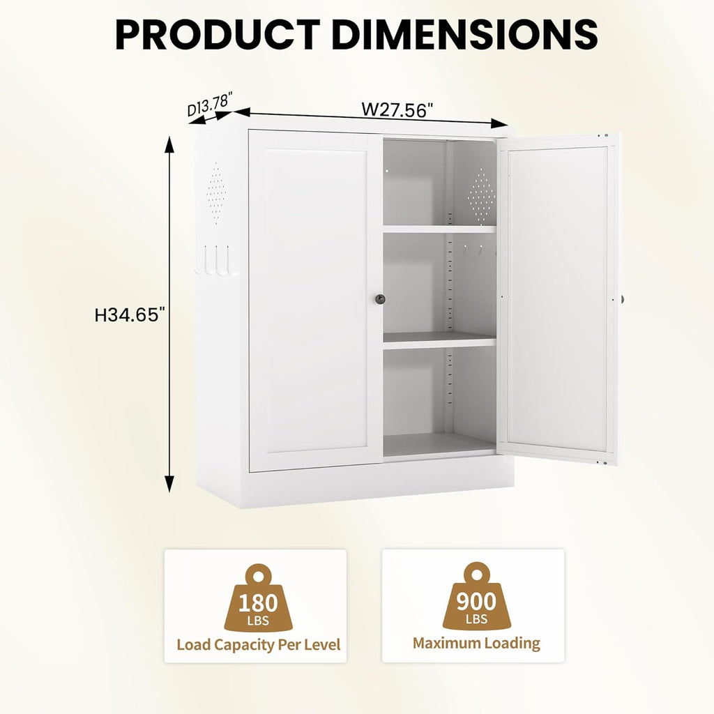 Kitchen Pantry Storage Cabinet, 34" H Storage Cabinet with Doors and Adjustable Shelves, Small Cupboard with Round Handles, Metal Kitchen Cabinet for Dining Room, Living Room, White