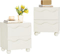 Anbuy Beige Nightstand Set of Two, Modern Night Stand Set of 2 with 2 Drawers for Bedroom, Side End Table with Hidden Handles Scalloped Bedside Night Tables with Solid Wood Legs