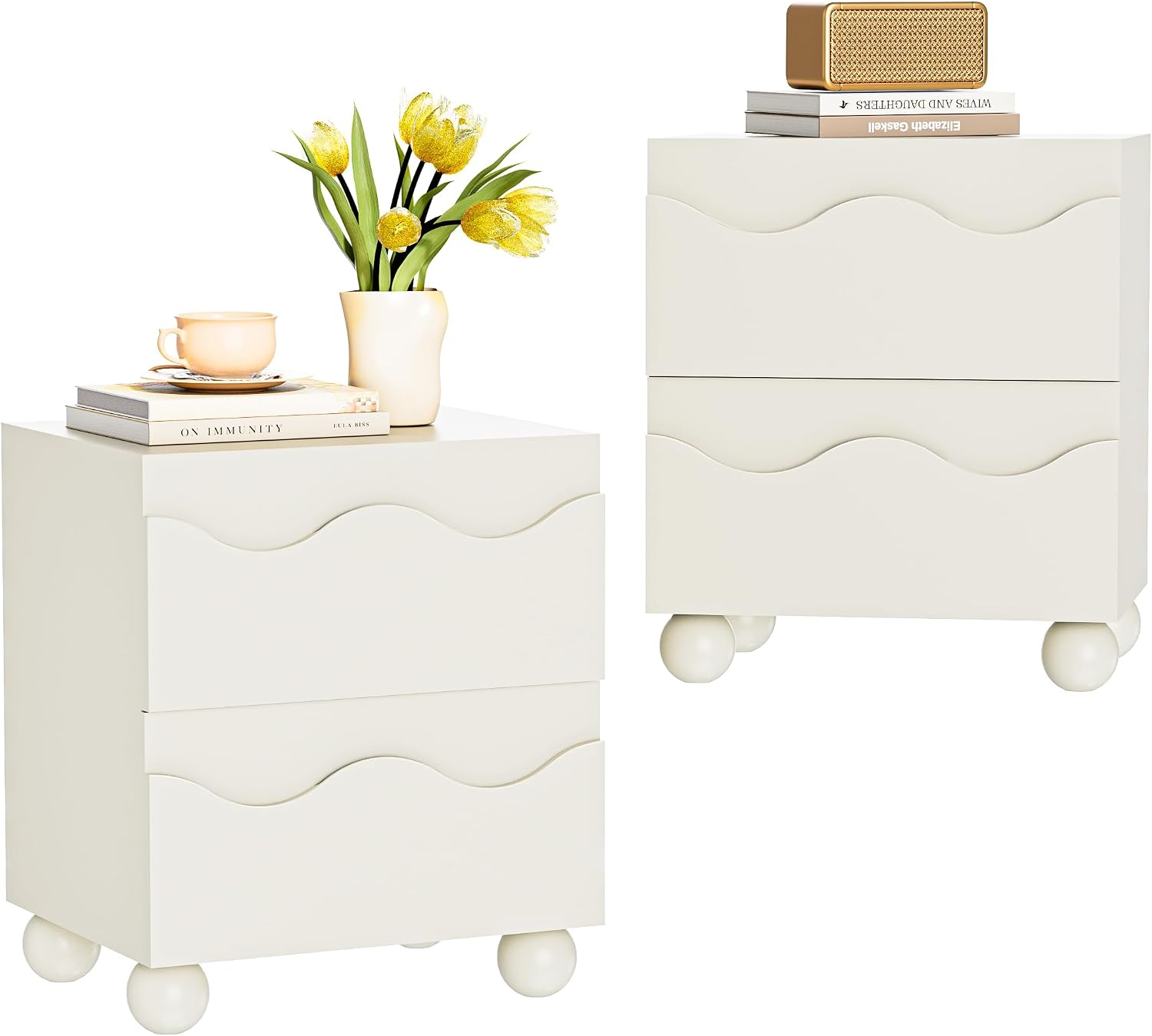 Anbuy Beige Nightstand Set of Two, Modern Night Stand Set of 2 with 2 Drawers for Bedroom, Side End Table with Hidden Handles Scalloped Bedside Night Tables with Solid Wood Legs