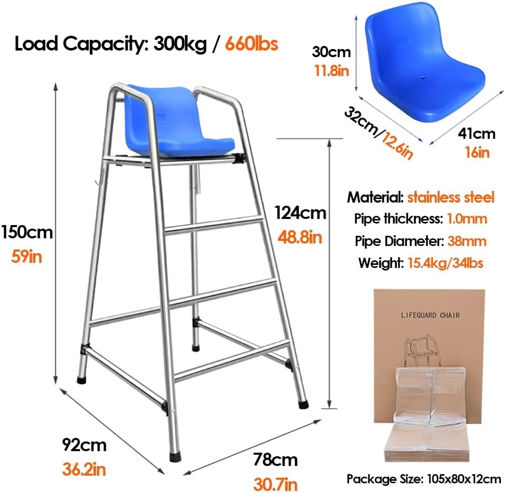 Outdoor Life Guard Chair for Patio Beach Water Park, Tall Pool Deck Lifeguard Chairs for Kids/Adults, Heavy Duty Stainless Steel Elevated Lifeguard Chair, Loads 660lbs(3 Steps - H 150cm/59inch)