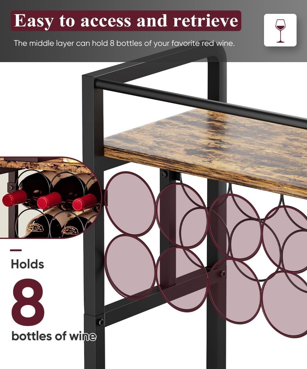 3-Tier Wine Rack Freestanding Floor with Wood Top, Liquor Stand with Wine Bottle Holder, Corner Wine Bar Table for Small Space, Metal Whiskey Shlef for Kitchen, Cellar, Living Room, Black