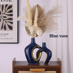 Blue Hollow Ceramic Vases Set of 2 - Modern Nordic Boho ins Style Vases for Decor, Decorative Pampas Grass Flower Vases for Wedding, Living Room, Office, Entrance, Dining Table Decor Centerpieces