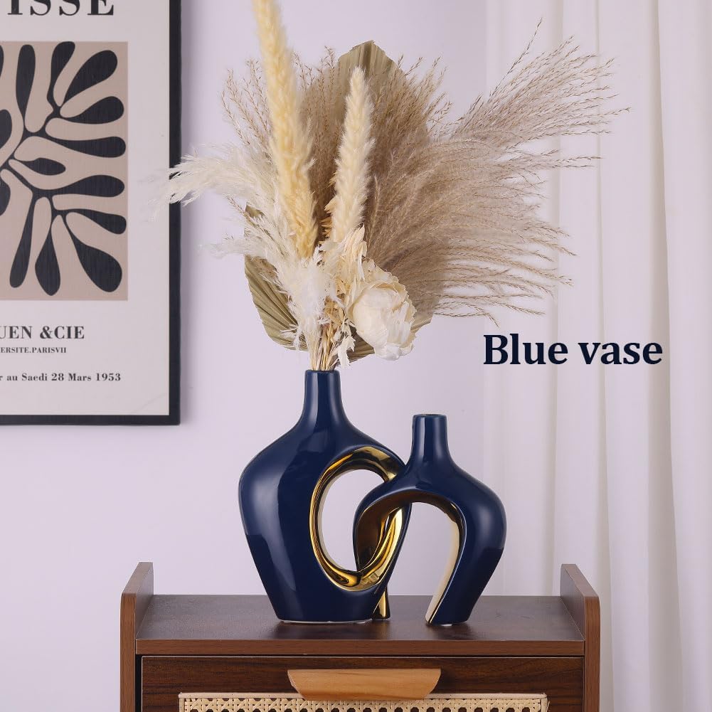 Blue Hollow Ceramic Vases Set of 2 - Modern Nordic Boho ins Style Vases for Decor, Decorative Pampas Grass Flower Vases for Wedding, Living Room, Office, Entrance, Dining Table Decor Centerpieces